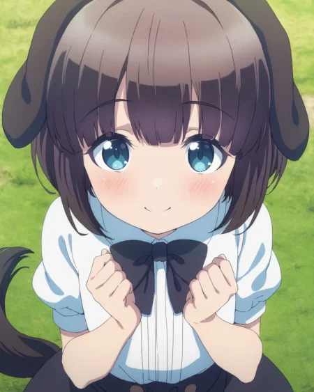 <lora:pochi_ill_v10:0.8>  pochi, 1girl, solo, bow, smile, bowtie, black bow, white shirt,  shirt, black bowtie, looking at viewer, short sleeves, puffy sleeves, blouse, grass, puffy short sleeves, upper body, outdoors, hands up, blush, closed mouth, from above