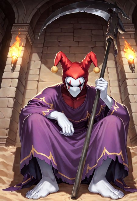 score_9,score_8,score_7,source_furry, (masterpiece, best quality, high quality:1.2), detailed hands,character focus, detailed skins, body blush, cinematic shadow, character focus, ultra detailed background, <solo:1.5>, <1boy:1.5>, (anime:3.5), (official:3.5), (dynamic sitting:1.8),
chariotsaga, 1boy, solo, male focus, upper body, from below,
jester, red headwear, looking at viewer, white skin, jester cap, pom pom (clothes), (faceless mask:1.2), facepaint, hat, robe, purple robe, torn robes, long sleeves, wide sleeves, barefoot, light gray color nails, holding, scythe, weapon, holding scythe, holding weapon,  
ancient ruin background, indoor, dark orange stone wide rooms, torch wall, darkness, sand, desert,