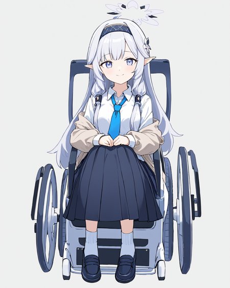 himari \(blue archive\),1girl, halo, wheelchair, solo, hairband, sitting, school_uniform, blue_necktie, white_background, black_skirt, pleated_skirt, looking_at_viewer, v, full_body, shoes, smile, simple_background, long_sleeves, alternate_costume, socks, office_chair, white_shirt, mole_under_eye
<lora:himari_(blue_archive)_image1099_2023-11-27:1>halo. gorgeous,key visual, vibrant, studio anime,award-winning, professional, highly detailed,high budget, cinemascope