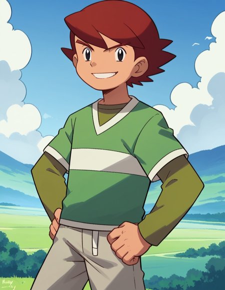score_9, score_8_up, score_7_up, source_anime,
<lora:pokemon-kenny-anime-ponyxl-lora-nochekaiser:1>, kenny, short hair, bangs, red hair, male focus, black eyes, 
shirt, long sleeves, short sleeves, pants, green shirt, grey pants,
landscape, hands on hips, smile,
looking at viewer, cowboy shot, dutch angle, solo,