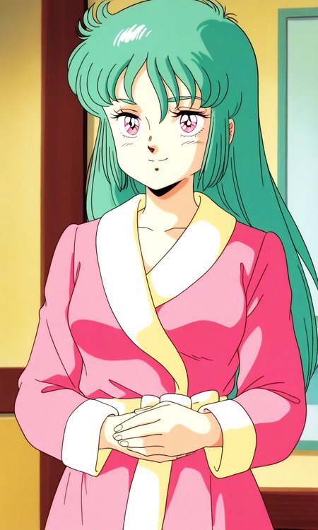 general,highres, ultra-detailed,very aesthetic,best quality ,best hands, BREAK <lora:Ciela_Lapana_gown_IS:0.8>
Ciela_Lapana(gown), 1girl, solo,  long hair, green hair, pink eyes, bangs, medium breasts, pink and Yellow gown, robe, smile, 
pajamas, indoors,  cowboy Shot,
long sleeves, retro artstyle, 1980s (style), anime coloring,