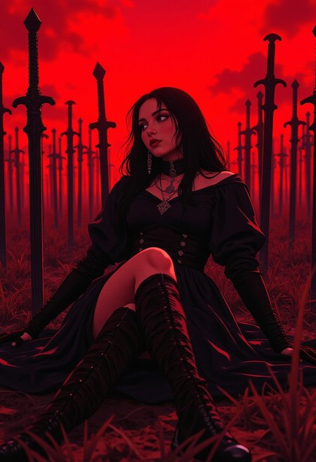 A gothic warrior with long black hair and a dark dress, reclining against a sea of swords planted in the ground. The red sky intensifies the dark mood, and her eyes are filled with a haunting calm. The swords glisten under the crimson light. (epic dark fantasy style).
ne0nfant4sy