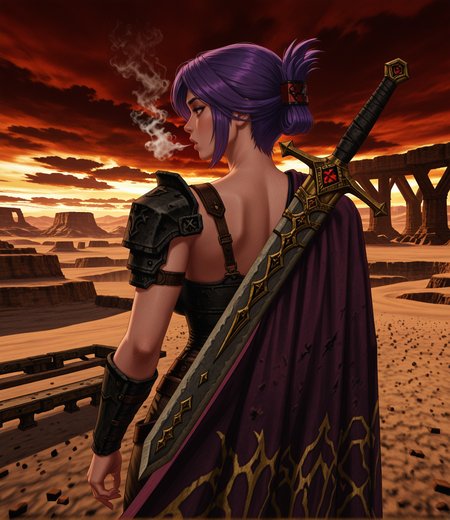 kingpin, realistic, masterpiece, best quality, amazing quality, very aesthetic, absurdres, newest, film-style contrast, rim lighting, (rear view:1.2), (sword on shoulder:1.2), 1girl, sabia, human, purple hair, red eyes, folded ponytail, armor, single shoulder armor, cape, single bare shoulder, clothed, large breasts, desert canyon edge, blowing sand, heat distortion, dramatic clouds, cinematic composition, <lora:dmd2_sdxl_4step_lora:1>, <lora:Kingpin_-_Life_of_Crime_Style_1.2_ILXL-000010:1>, <lora:KOD_dtv5r__for_Illustrious_v0.1__Adafactor:0.45>