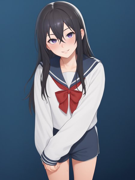 1girl, shirt, shorts, standing, looking at viewer, uncensored, score 9 up, score 8 up,
 <lora:[ã¾ããããã] Artist Style PonyXL:1>,blush,  long hair, sweat, hetero, long sleeves, smile, hair between eyes, school uniform,