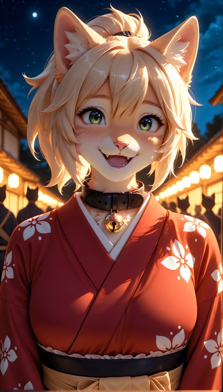 masterpiece, best quality, amazing quality, very aesthetic, high resolution, ultra-detailed, absurdres, newest, scenery, furry, anthro, {Prompt}, BREAK, detailed background, detailed hair, depth of field, detailed fluffy fur, photorealistic details, night time,HDeyes,

BREAK

Page,1girl,solo,furry female,cat girl,blonde hair,ponytail,cat ears,animal ear fluff,green eyes,animal nose,collar,neck bell,body fur,cat tail,

BREAK

Red Kimono,bonodori,night, happy,smile, laughing, people blurred out, looking at veiwer, head shot, veiwed from front, close up, (focus face:1.3) 
