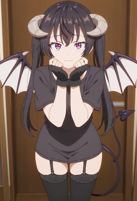 masterpiece,best quality,amazing quality, , yuki suou, long hair, black hair, purple eyes, 1girl, solo, wings, thighhighs, horns, twintails, tail, fingerless gloves, demon tail, gloves, garter straps, black thighhighs, anime coloring