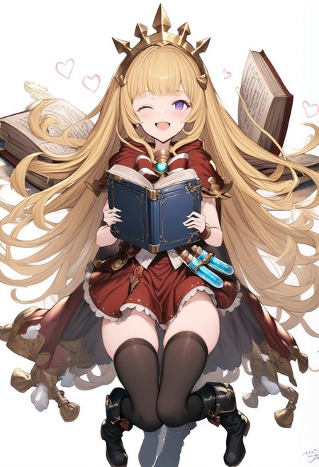 masterpiece, best quality, ultra-detailed, beautiful, nai3, 1girl, solo, full_body, tachi-e, 
cagliostro \(granblue fantasy\), 1girl, ;d, arm guards, black footwear, black thighhighs, blonde hair, blunt bangs, blush, book, boots, bracelet, cape, full body, glowing, heart, holding, holding book, jewelry, knee boots, knees together feet apart, liquid, long hair, looking at viewer, one eye closed, open book, open mouth, purple eyes, red ribbon, red skirt, ribbon, signature, simple background, skirt, smile, solo, test tube, thighhighs, v, very long hair, white background