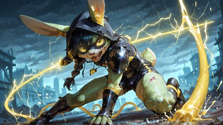 Score_9,Score_8_up,Score_7_up,Score_6_up
Source_Furry,rating_explicit
zPDXLxxx
(masterpiece,ultrares,highly detailed,highly detailed fur,realistic,photorealistic,8k,cinematic shot, (subsurface scattering))
(Night:1.2),dark cloudy background,(hard rain:1.2),ruined cityscape,eldritch horrors floating in clouds,sickly yellow lightning. fighting unseen foe in corrupted megatokyo,(glowing yellow octopus tentacles:1.3)
full body image,action pose,combat,(dark, horror theme),dynamic_angle,three-quarter view,dutch angle
<lora:idemixl:0.8>idemixl,realism,shiny skin,skindentation,extreme closeup
<lora:!action-sdxl-V0.5:0.6>zdyna_pose
<lora:PonyFantasyWizardWitchesV3:0.8>hkmagic
<lora:Furry_fantasies_Furry_mix_ed1:0.8>highres,(realistic:1.4),perfect sharpness,very silky detailed fur,tail,paw,animal ears
BREAK
<lora:wet clothes_pony_V1.0:1>wet clothes,see-though
1boy,(anthro rabbit:1.4),(young),(femboy),(long rabbit ears),(light_green/sage_green fur),(large anthro blue eyes),cute sexy face,slightly open mouth,canine teeth,flat chest,(crazy/angry expression),rabbit tail,(long black hair:1.2),(wet hair)
Wearing magical girl clothes with frills,minishorts,bows,(cursed symbols, the yellow sign),(magic effect, yellow lightning,  summoning),(hood),shoulder armor,leg armor,bracers,(defined bulge:1.2),domino mask,battle damage,blood,ichor,dirt,(armor in colors of sickly yellow,silver:1.3),(rusted armor:1.2),(chipped / cracked armor, damaged clothes),looking at viewer,action pose,combat