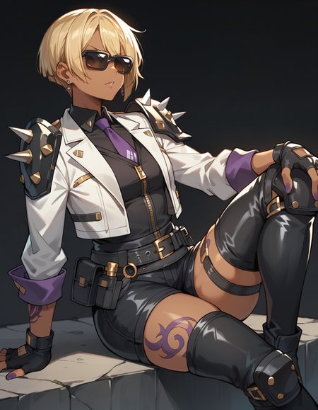 score_9,score_8_up,score_7_up,score_6_up,dark background,1girl,f4tal3,black fingerless gloves,dark skin,black thighhighs,white jacket,dark-skinned female,thigh boots,blonde hair,belt,short hair,black shorts,knee pads,rectangular tinted sunglasses,white necktie,arm tattoo,shoulder spikes,black shirt,earrings,belt pouch,purple nails,leg tattoo,zipper,long sleeves,holster,     <lora:MyTrainings\Temp\Mad_Maggie_Furious_Fatale_XL_Pony_ARZUMATA-000009.safetensors:0.5>