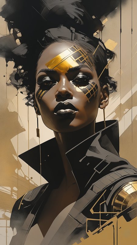 designed by greg manchess,smoke, Close Portrait of a Black model woman, bright eyes, glossy lips, futuristic gold face war paint, trending on art station, photoreal, 8 k, octane render by greg rutkowski,  art by Carne Griffiths and Wadim Kashin ,in the style of Dau-al-Set, Pollock, and inspired by MAPPA and Zdzislaw Beksinski, <lora:add-detail-xl:1> <lora:AshleyWoodArtAIcc:0.8><lora:Graphic_Portrait_v2:0.4>