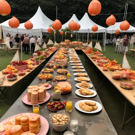 A large outdoor buffet scene, with tables laden with delicious food, snacks, flags, and adorned with hanging lanterns. The setting could be a festive gathering, garden party, or outdoor celebration, with guests mingling and enjoying the feast. The scene should be as realistic as a high-resolution photograph, with warm and inviting lighting that highlights the abundance of food and the decorative elements, creating a joyful and welcoming atmosphere,<lora:buybuy3:0.75>, BestQuality / (extremely detailed CG unity 8k wallpaper), best quality, masterpiece , hdr, best quality, ultra highres
