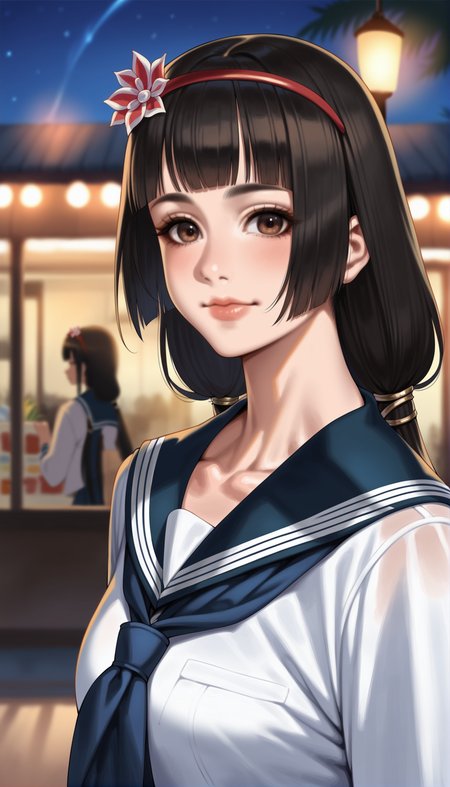 score_9,score_8_up,score_7_up,
<lora:naotoraii:1>,naotora ii,realistic,1girl,solo,
school uniform,serafuku,long sleeves,black hair,blunt bangs,long hair,low twintails,hair ornament,red hairband,golden scrunchie,white hair flower,brown eyes,looking at viewer,closed mouth,
outdoors,night,lamp,palm tree,festivale,shop,a festive scene with colorful lights strung along a wire,twinkling against a dark night sky,vignetting,blurry background,
portrait,