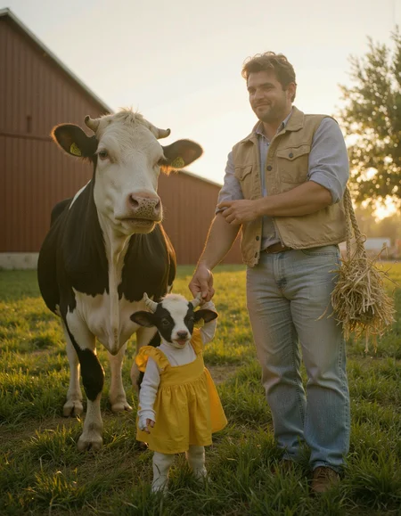 cinematic photo of A family portrait of a man, cow and calf. shyly smiling man with a guilty look on his face stands next to a cow chewing hay. A man holds the hand of a happy anthropomorphic calf with cow-like features and horns, dressed in yellow dress. farm, green grass, tree, barn, sunny weather, golden hour, romantic atmosphere <lora:Synesthesia:1> <lora:lqstyle_r15:0.6> <lora:iphone-dev-7:0.4>, 35mm photograph, film, bokeh, professional, 4k, highly detailed