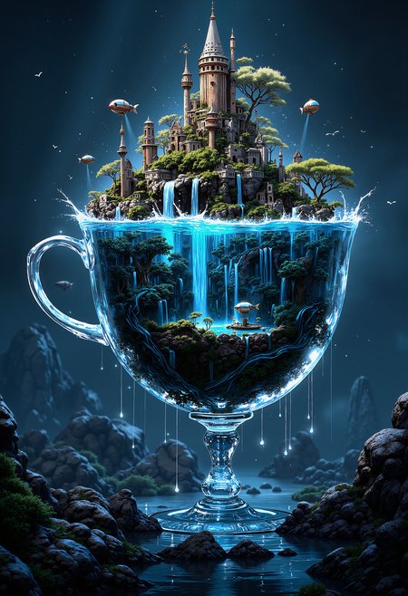 A surreal scene where a colossal teacup, made entirely of crystal, floats in the middle of a dark ocean. Inside the teacup, an entire ecosystem thrives, with miniature floating islands, glowing waterfalls, and strange alien-like plants. The water inside the teacup defies gravity, swirling upwards into the sky. Tiny airships fly around the teacup, their lights blinking in the darkness. The scene is a mixture of hyper-realism and fantasy, with intricate details on the crystal surface of the cup, and a mysterious, otherworldly atmosphere.     <lora:FluxMythP0rtr4itStyle:0.8> MythP0rt, <lora:aidmaImageUpgrader-FLUX-V0.1:0.33> detailmaximizer,