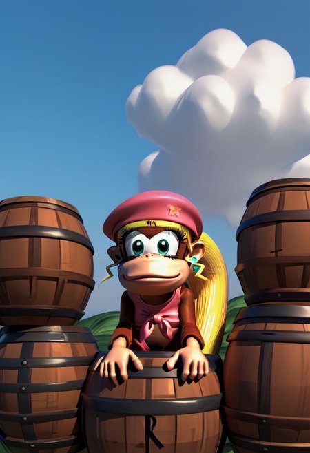 (source_furry, source_cartoon, score_9, score_8_up, score_7_up:1), solo female, dixie kong, looking to the side, feral, kong, looking at viewer, outdoors, barrels, sky, clouds, 3d, no humans