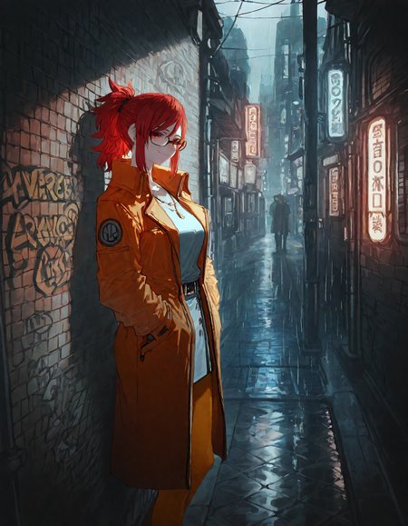 neon lights, future, futuristic city, graffiti, (rain), on a roof, indoor, windows,kabedon,pov , against_wall,
BREAK 1girl ,aozaki_touko, (zyugoya:0.8),quasarcake:0.7, Fishine, breasts ,jewelry  ,light_smile ,orange  long coat ,long_hair ,necklace ,parted_bangs, ponytail, red_eyes, red_hair ,ToukoAozaki, orange  coat, orange pantyhose, thick pantyhose,glasses,solo, standing,  looking at viewer, white jacket,
BREAK masterpiece, best quality, very aesthetic, newest,  detailed background, highly detailed,absurdres, newest,highres,
<lora:ponyv5_noobE11_1_adamW:0.7> ,<lora:illustrious_noobai_epsilon_pred_11_very_aesthetic_v1:0.7> ,  <lora:ToukoAozakiXLpony001:0.7>, <lora:Orange_Peel:0.8>, <lora:USNR STYLE_XL_loha:0.7>, <lora:Add_more_details_V2_XLpony:0.5>