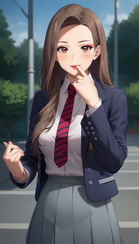 score_9,score_8_up,score_7_up,score_6_up BREAK official art,solo,outdoors,upper body,(portrait:1.5),looking at viewer,facing viewer,smile,blush,Jugyeong Lim,long hair,brown hair,forehead,makeup,eyelashes,brown eyes,lips,lipstick,close mouth,school uniform,blue jacket,blazer,open jacket,white shirt,collared shirt,red necktie,striped necktie,long sleeves,medium breasts,skindentation,shirt tucked in,miniskirt,grey skirt,pleated skirt,white socks,sneakers,white footwear,<lora:Jugyeong Lim(tb)-Pony:1.4>,