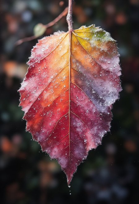 Frost-Covered Autumn Leaf
"A macro photograph capturing the intricate details of a single autumn leaf covered in a thin layer of frost. The ice crystals glisten in the morning light, highlighting the deep red and orange hues of the leaf. The texture of the leaf’s veins and edges adds a sense of depth and fragility."