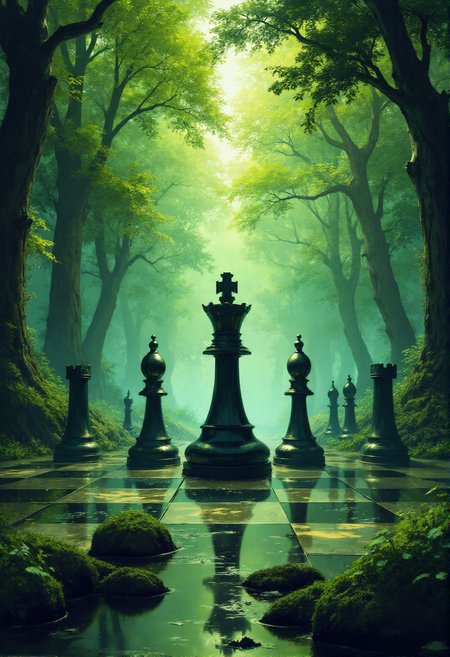 ethereal fantasy concept art of  A grand chessboard set in an enchanted forest, featuring life-sized chess pieces that come to life. The black queen stands majestically at the center of the board, exuding an aura of power and elegance, surrounded by galloping knights and towering rooks. Lush greenery envelops the scene, with dappled sunlight filtering through the trees, casting playful shadows. Magical sparkles float in the air, enhancing the whimsical atmosphere. Inspired by the fantastical styles of Lewis Carroll and the vibrant colors of Claude Monet, merging fantasy and nature for a captivating visual experience.
 <lora:DarksunRIDDV3:1>  <lora:Elden_Ring_-_Yoshitaka_Amano:1>, magnificent, celestial, ethereal, painterly, epic, majestic, magical, fantasy art, cover art, dreamy