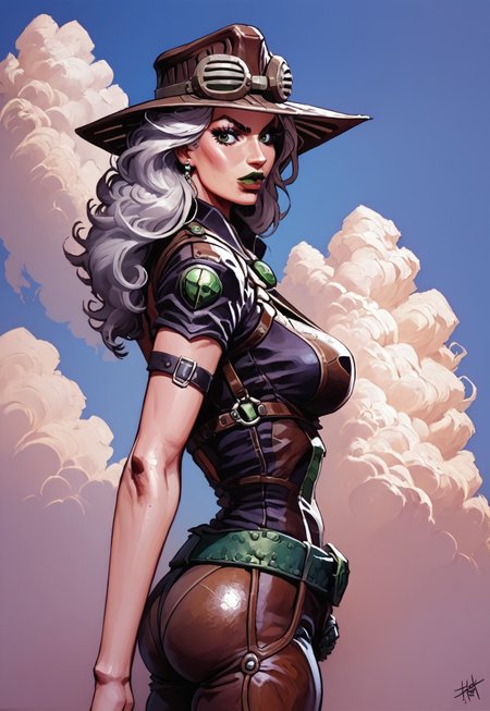 safe_pos, score_9, score_8_up, score_7_up, cel-shading,looking back, from behind, side view, side boob, side ass, rivals, arcan3styl3v1, gyrogirl, MYLF, milf, motherly, mature female, hat with goggles, green lips, cape, ((chest harness, leather straps)), navy shirt, groin, chaps, hip cutout, belt, low-raise pants, cloudy background, tilting, jojo pose, SHARP_DETAIL, HDR, TEXTURES, DETAILED_TEXTURE, UNSHARP, CRISP_DETAIL, DYNAMIC REFLECTIONS, high contrast, vivid lighting, rendered artistically, impressive, extremely detailed, ultra realistic, linquivera, rim light, BREAK thick lineart, cel-shading depicted in a dynamic pose with a cel-shading style. The character features bold outlines and distinct, flat color regions with no gradient mesh, maintaining separate color blocks, crossing hatching shading, half tone, tetradic colors