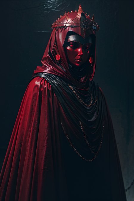close up, upper body, red theme, dark theme,1girl,earrings,jewelry,chain,spike,armor,helmet,cloak,hood up,robe, cinematic lighting, chiaroscuro, hires, volumetric lighting, highly detailed background, masterpiece, <lora:add_detail:0.4> <lora:hairdetailer:0.5>  <lora:cultiste:1>