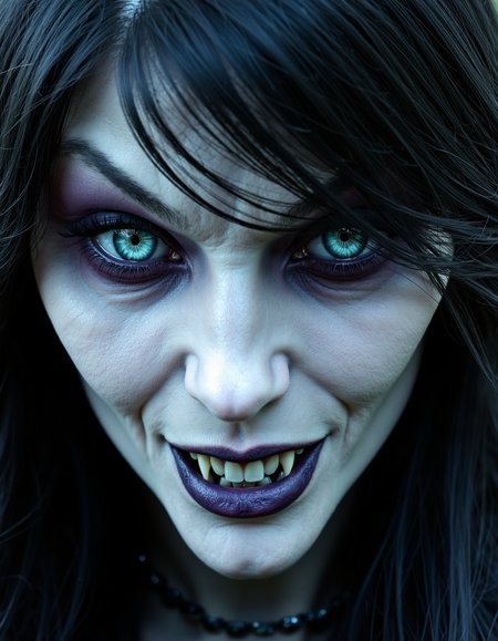 zavy-vmpr, Extreme close-up of a pale, angular face framed by cascading raven-black hair, piercing emerald eyes glistening with a dark intensity, a smirk revealing dangerously elongated canines, gothic surrealism with intricate shadows enhancing facial features, deep violet and midnight blue hues contrasted with hints of silver to evoke an eerie yet captivating aura.