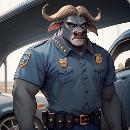score_9, score_8_up, score_7_up,  <lora:Bogo:0.9> bogo, buffalo, 1boy, solo, police uniform, standing, entire body in frame, police car, leaning on police car, looking at viewer