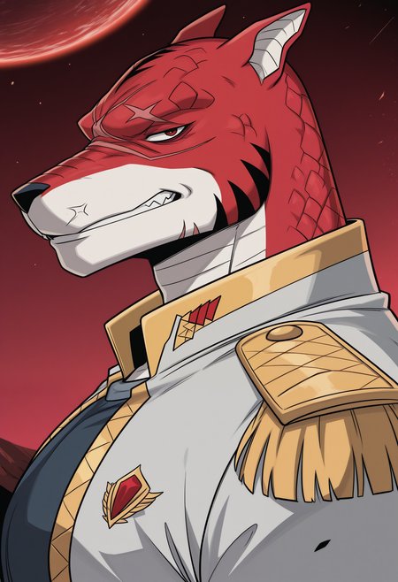 masterpiece,best quality,amazing quality, 1boy, solo, d4yn3, furry, red scales, scar on face, red eyes, military uniform, epaulettes, close up, side angle, looking at viewer, smirk, red planet, 