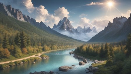 (masterpiece, high quality, highres,Highest picture quality), (Master's work),
detailed background, masterpiece, best quality, scenery, mountains, river, forest, sun, day, clouds,
<lora:epiNoiseoffset_v2:1>, <lora:mochaBeautifulSky_v10:0.6>