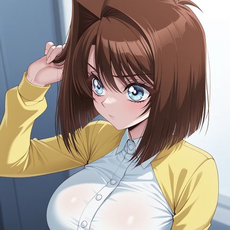 1girl, solo, Te@gurl, brown hair, blue eyes, shirt, long sleeves, large breasts, yellow sleeves,