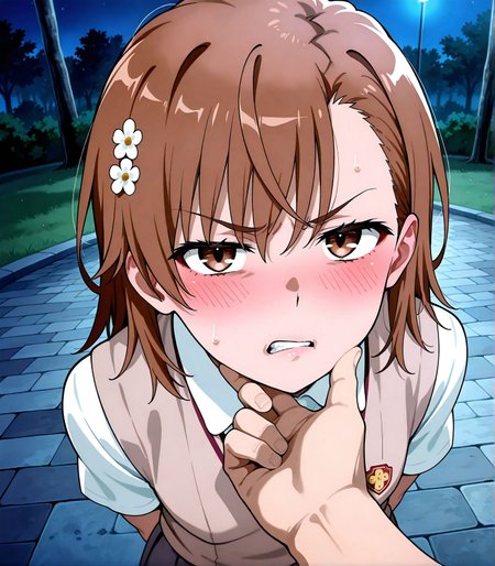 masterpiece, best quality, newest, absurdres, highres, detailed eyes, beautiful, detailed background, perfect eyes, anime coloring, anime screencap,<lora:add-detail-xl:0.5>
<lora:Glaring_expression:0.6>Glaring_expressionV1, 
1girl,hetero,1boy,solo focus,pov, annoyed expression,
hand on another's chin,glaring expression,blush, 
grab the chin,angry, v-shaped eyebrows, angry, 
Scowling face,	disgust, Tsk,parted lips,
20YO, milf,
BREAK
toaru kagaku no railgun, 
school uniform, 
night,park,  
misaka mikoto,