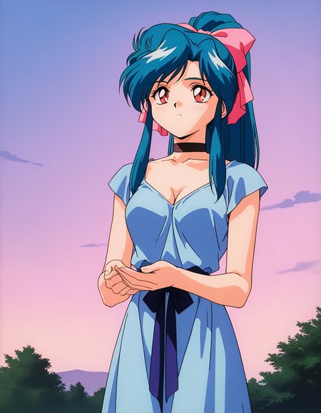 general,highres, ultra-detailed,very aesthetic,best quality ,best hands,  BREAK <lora:Diana_Minerva_no_Kenshi_IS:1>Diana, 1girl,solo, blue hair, long hair, red eyes, bangs, ponytail, sidelocks, medium breasts, hair bow, aqua hair, pink bow,
1990s \(style\),anime coloring, 
solo, choker, ribbon, closed mouth, brown eyes, bow, blue dress,
cleavage,
outdoor, sky,
