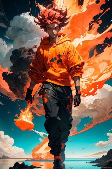 masterpiece, best quality, 1boy, skinny, intricate detail, flame headwear, headphones, brown eyes, feet out of frame, wind, floating hair, flame, gloves, Orange hoodie with flame print, anime screencap, aura,
<lora:more_details:0.4>
 <lora:Cosmic anime-oil fusion v2:0.4> 
<lora:AnimeVibesV3:0.25> animevibes, 
<lora:3DMM_V11:0.5> 3DMM 
<lora:midjourney_20230624181825:0.4> midjourney ,
 <lora:LAS:0.25> colorful, clouds, 
<lora:msw_locon-t2:0.45>
 <lora:wuxia2:0.5> gu, shiny, shiny hair, shiny skin, shiny clothes