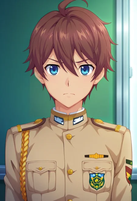 masterpiece, best quality, intricate details, anime screencap, , , looking at viewer, , 1boy, solo, male focus, <lora:seto_aihara_ilxl:0.96>, seto_aihara, brown hair, blue eyes, short hair, ahoge, uniform, ,