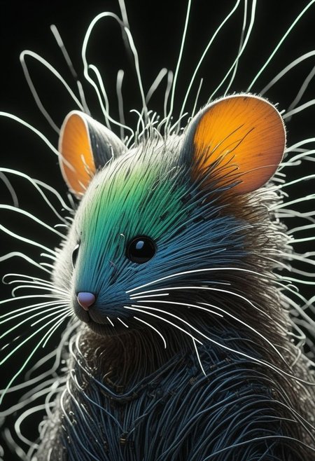 Made of bold perfect lines, Grignani, Made of lines, Striped, Anime, bold lines, wired-cyborg, mechanical parts, wires, cables, cyberpunk, Closeup of a small fluffy Mouse, cinematic composition, atmospheric haze, very detailed,