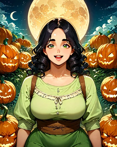 score_9, score_8_up, score_7_up, score_6_up, source_anime, rating_safe, ah1, 1girl, (curly hair), long hair, (black hair), mature female, (parted hair:1.7), (round face), (no_bangs:1.3), (no_fringe:1.6), looking at viewer, (thick eyebrows), (curvy), round-chin, (dark olive green eyes), caucasian, down-turned eyes, <lora:ETO_OCPonyXL:0.5> eto_oc, skindentation, thick thighs, wide hips, petite, busty, voluptuous,  kinky curls, puckered lips, bad-hands-5, (full scorpion), (earth yellow Compete in the medieval archery contest dressed in an archer's tunic with a quiver of arrows), (in Headless Harvester, Cursed farmer, reaping souls with a pumpkin head under the harvest moon), (open smile), <lora:ZootPonyAnime_V1_r2:0.5>, <lora:venus body PonyXL:0.8>,  <lora:detailer_v5:0.5> detailed,