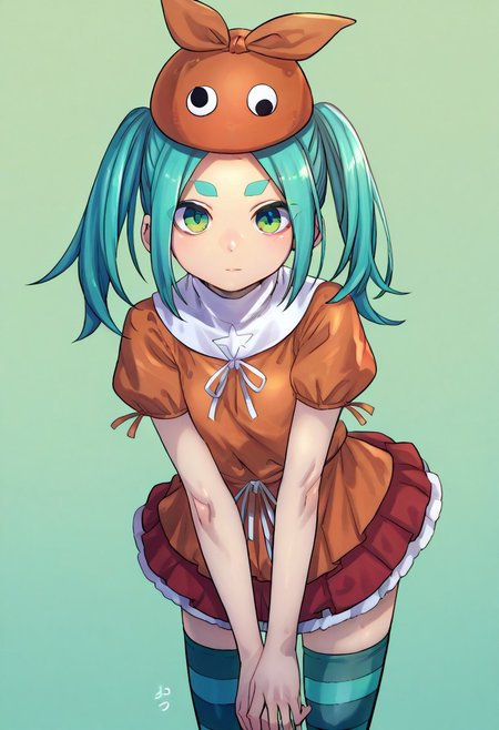 (zPDXL3), 
(zPDXLxxx), 
1girl, 
solo,
ononoki yotsugi, highres, twintails, aqua hair, green eyes, thick eyebrows, orange headwear, orange dress, striped thighhighs, expressionless, 
bust up, 
front view, 
looking at viewer, 
hands over eyes, 
eyes between fingers, 
v,