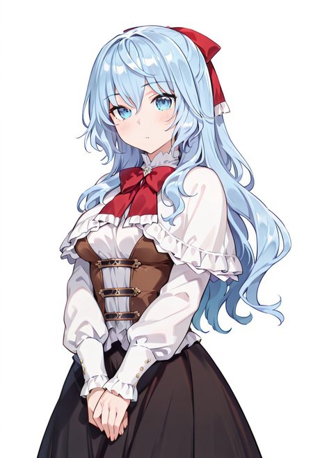 masterpiece, best quality, amazing quality,
(cowboy shots:1), white background, solo, looking at viewer, white background
liselotte, blue hair, blue eyes, hair bow, capelet, corset, long skirt, bowtie, black skirt