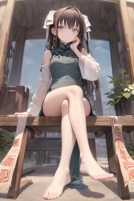 masterpiece, best quality, 1girl, yaozhi\(fkey\), yaozhi\(china_cloth\), brown hair, grey eyes, mole under eye,  <lora:yaozhi_anm_v15:0.77>, sitting, full body, from below, ofuda, crossed legs,