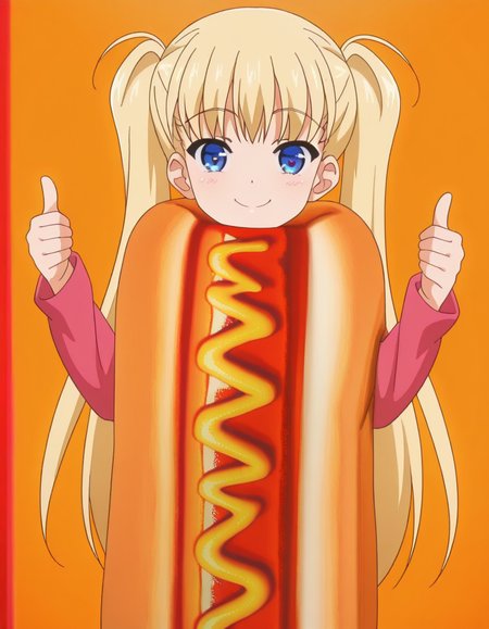 masterpiece, best quality, amazing quality,, <lora:airi-akizuki-ova-illustriousxl-lora-nochekaiser:1>, airi akizuki, long hair, blue eyes, blonde hair, twintails, mature female, breasts, anime screencap, <lora:hotdog-costume-illustriousxl-lora-nochekaiser:1>, hotdog costume, food, hot dog, looking at viewer, long sleeves, cowboy shot, ketchup, oversized food, costume, smile, thumbs up, hands up,,