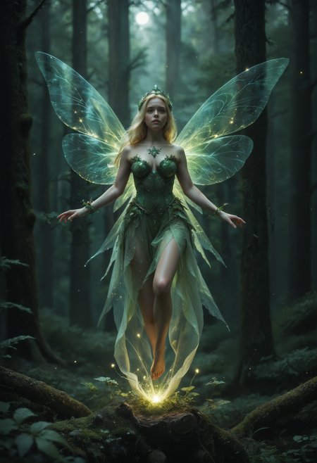 score_9, score_8_up, score_7_upFairy princess. fairy wings, glowing fairy clothes, full body shot, 1woman,(sagging breasts:.5), long blonde hair,  glowing in a forest at night, flying in a forest, detailed background,  high fantasy setting, flying, realistic picture <lora:more_details:1> <lora:Perfect Hands:1>  <lora:Anime Summer Days 2 Style SDXL_LoRA_Pony Diffusion V6 XL:.3>