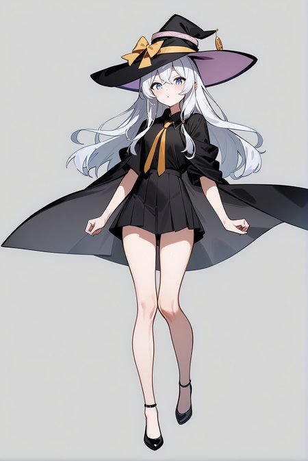 witch hat dress shirt black skirt black robe yellow ribbon, mm-elaina, ahoge, 1girl, solo, skinny, masterpiece, absurdres, high quality, highres, best quality, (full body:1.20), recent <lora:mm-elaina-V02-000003:1.0>
