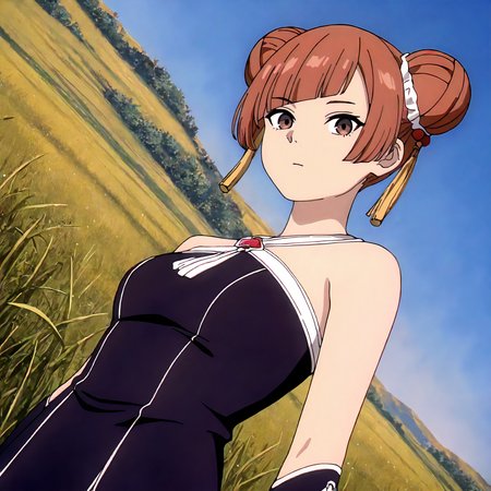 <lora:FBJE_LaufenXLIllustrious008>,
masterpiece,best quality,good quality,newest,
detailed background,grassland,blue sky,glitter,
looking at viewer,
solo,
Laufen,1girl,brown hair,short hair,double bun,brown eyes,yellow hairornament,
black dress,bare shoulders,
upper body,
standing,