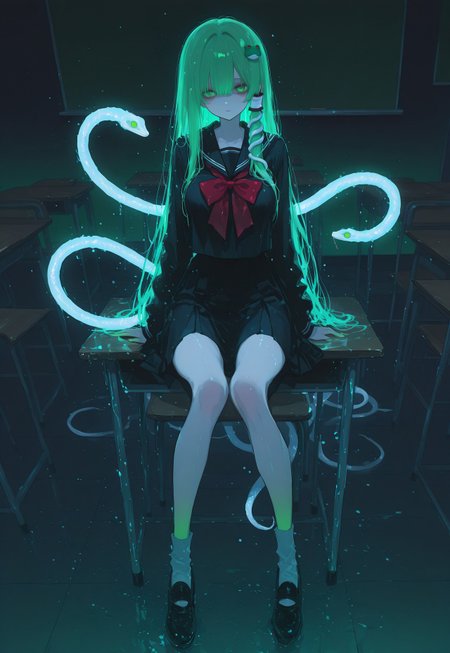 safe_pos, source_anime, high res image, masterpiece, perfect quality, best quality, absurdres, ultra detailed face, detailed eyes,
very awa,, HDR, 8k
1girl, kochiya sanae, 
green hair, long hair, green eyes, skinny, large breasts, frog hair ornament, hair tubes, white snake hair ornament,
black sailor suit, black sailor style school uniform, red bow tie, long sleeves, 
indoor, classroom, backboard,
white snakes on desk, white snakes on chair, white snakes on floor,
frogs on desk, frogs on chair, frogs on floor,
sitting on desks, looking at viewer,
raytracing, volumetric lighting, light particles, gradient color,
15546+456868, r17329_illu, xxx667_illu, glowing