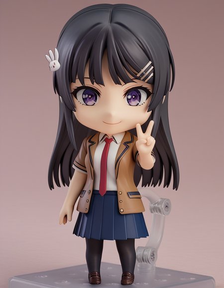 score_9, score_8_up, score_7_up, source_anime, maisakurajima, <lora:mai-sakurajima-s1-ponyxl-lora-nochekaiser:0.5> mai sakurajima, long hair, bangs, black hair, hair ornament, purple eyes, hairclip, rabbit hair ornament, medium breasts, skirt, shirt, school uniform, white shirt, short sleeves, pantyhose, pleated skirt, collared shirt, blue skirt, black pantyhose, red necktie, jacket, brown jacket,
<lora:nendoroid-figurines-ponyxl-lora-nochekaiser:1>, nendoroid, 1girl, solo, chibi, 3d, smile, v, v over eye,