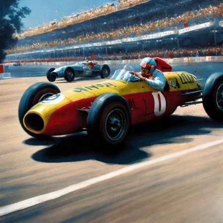 Monaco 1940s,Grand Prix,racing cars, one in front, cars behind blurred, all cars kept within frame,
frame of picture,racetrack,outdoors,
sky blue,day,motion blur to wheels, some dust, keep cars size proportionate and perspective,
 facing forward, close race
cloud,tree,blue sky,_p_style, all with drivers, racing drivers, drivers heads all facing forwards, all wearing helmets,red car, blue car, yellow car, green car,ferrari,text MONACO on barriers, well drawn numbers on cars<lora:VintagePPXL:1>, (masterpiece, best quality, ultra-detailed, best shadow), high contrast, (best illumination), ((cinematic light)), colourful, hyper detail, dramatic light, intricate details, ultra detailed artistic photography, backlit, shadows, ultra high definition, 8k, ultra sharp focus, ultra high quality, soft lighting, film photography, analogue photography, hyperrealism,