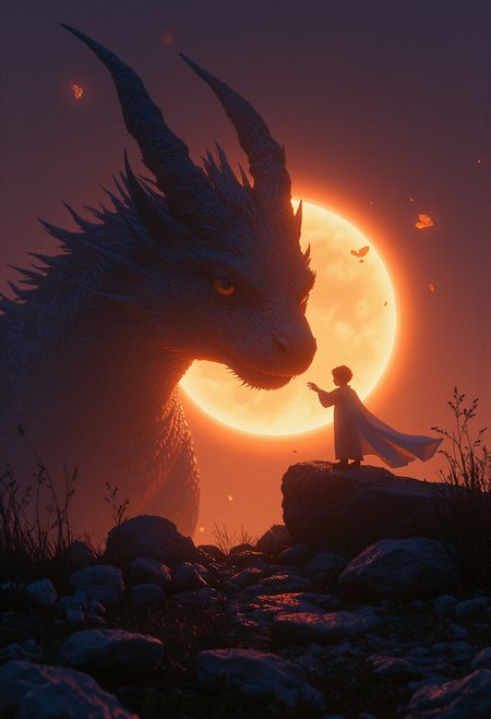 side viewe. 2d. A serene and mystical moment between a young sorcerer and an enormous, shadowy dragon, depicted entirely in silhouette. The scene is set against the backdrop of a glowing eclipse, its fiery halo illuminating the contours of the figures. The small boy, wearing a flowing cloak, stands confidently on a jagged rock, reaching out a hand in a gesture of friendship. The dragon, towering over him with jagged wings folded partially, lowers its massive head toward the boy, as if acknowledging the gesture with quiet grace. The ground beneath them is rough and fragmented, with floating debris adding a surreal touch, while the sky glows in otherworldly hues of orange and purple. The moment captures a rare, heartwarming bond between two vastly different beings, set against the ethereal beauty of the eclipse. <lora:midjourney_whisper_flux_lora_v01.safetensors:0.5>, <lora:zhongfenghuaStyle_FLUX_ Lora.safetensors:0.85>, <lora:Midjourney_-_SemiReal_Dreams_FLUX_LoRA.safetensors:0.5>, <lora:mooniverse_by_araminta_k.safetensors:0.75>,
