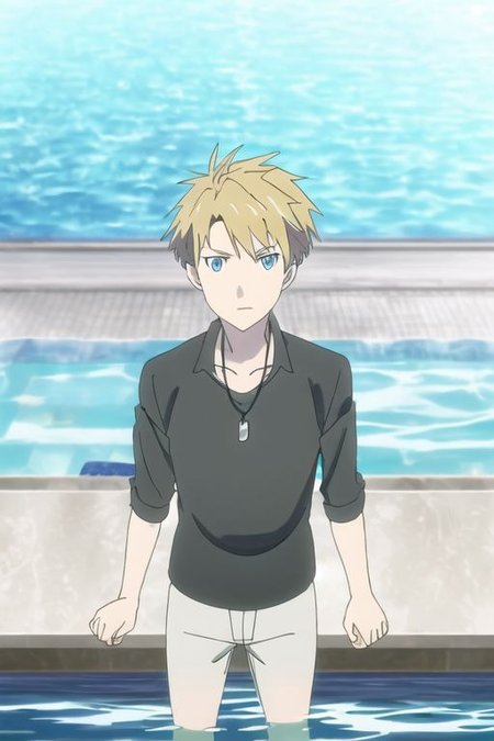 high resolution, professional photography, solo, best quality, 1Boy, Yamato Ishida, Blond Hair, Deep Blue Eyes, Necklace, pool, swimming, shirtless, shorts, looking at viewer, OverallDetail