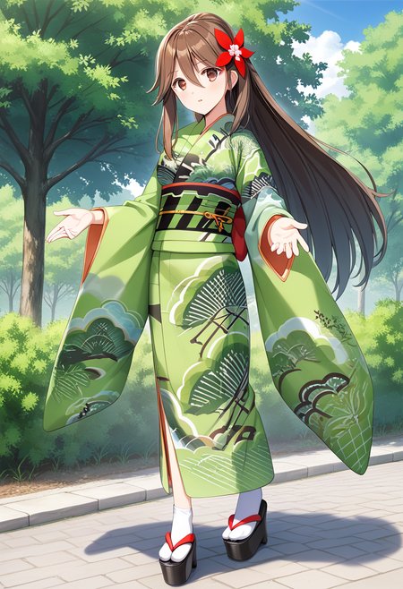 1girl, solo, standing, full body, park,  <lora:KC_04AC_amagi_pony-000032:1> amagikc, brown_hair, long hair, high ponytail, wide ponytail, brown eyes, bangs, hair between eyes, hair flower,      amagidefkc, green_kimono, print_kimono, wide sleeves, obi, sash, platform footwear, white socks, score_9,score_8_up, score_7_up, source_anime, masterpiece, best quality,  official art, official style, game cg, megami magazine, rating_safe, rating_questionable, <lora:Fixhands_anime_bdsqlsz_V1:0.75>, NEGATIVE_HANDS
