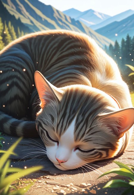 realistic, solo, cat, cute, sleeping, light_particles, nature, mountain, depth of field, the best quality, amazing quality, high quality, masterpiece,